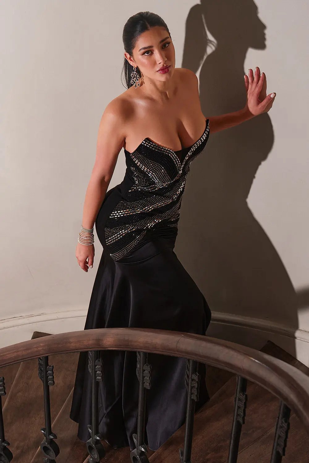 Rhinestone Maxi Dress – Criss Cross Mesh Panel Evening Gown With Flare Slit BOUTINIE