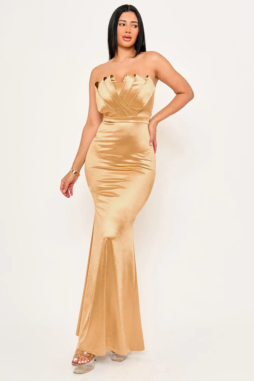 Tube Top Maxi Dress – Pleated Flare Bottom Evening Gown BOUTINIE