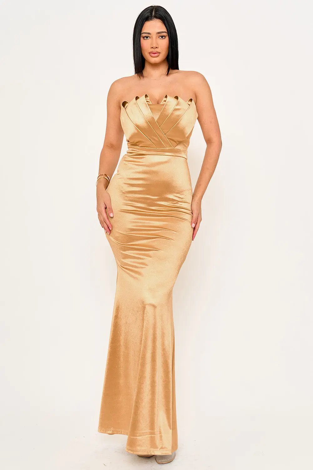 Tube Top Maxi Dress – Pleated Flare Bottom Evening Gown BOUTINIE