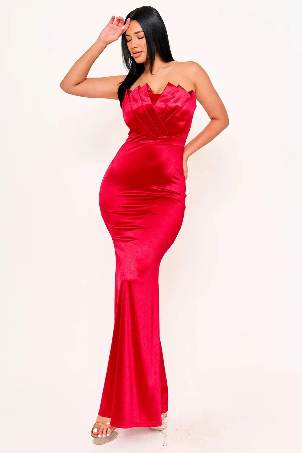 Tube Top Maxi Dress – Pleated Flare Bottom Evening Gown BOUTINIE