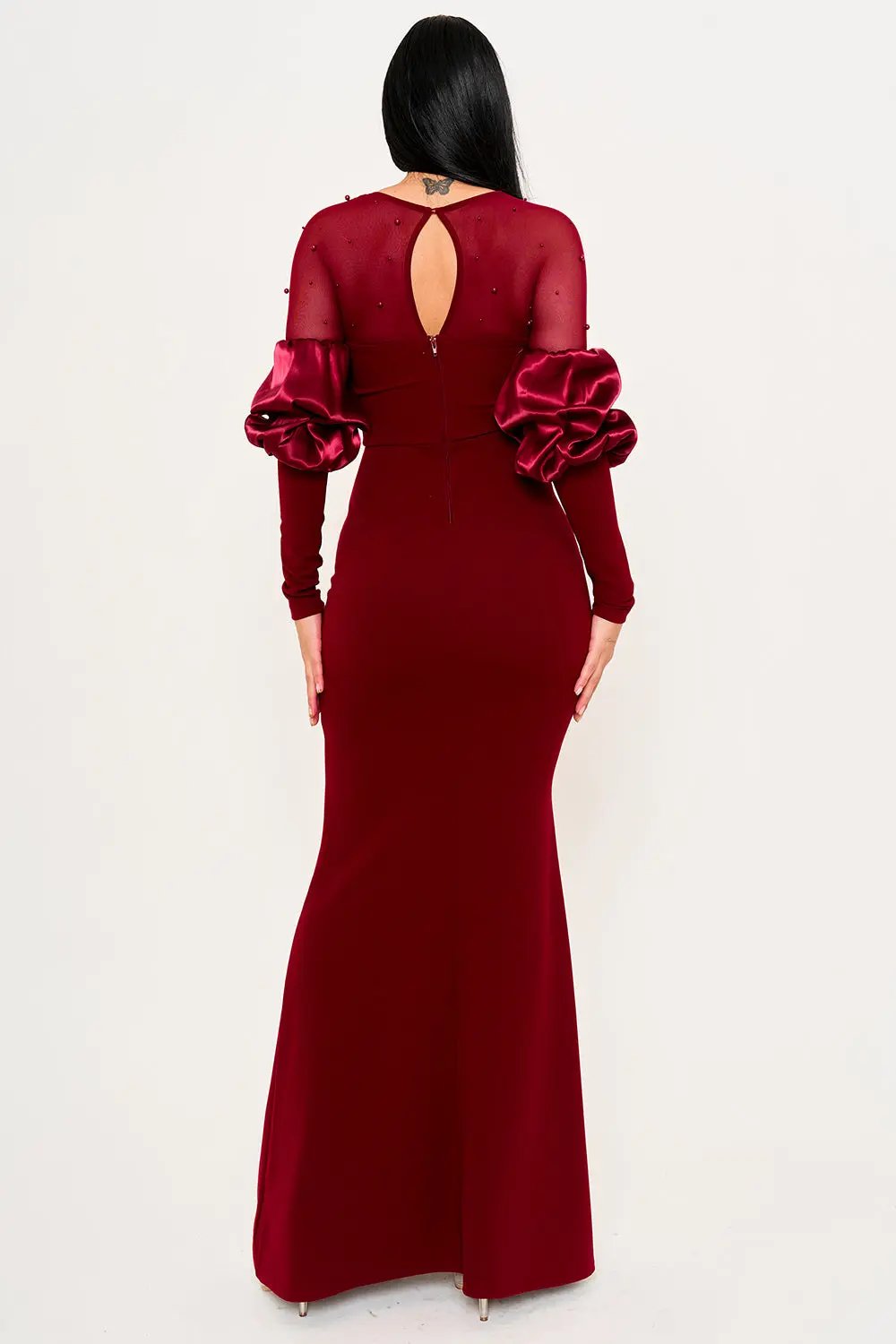 Puff Sleeve Maxi Dress - Pearl Embellished Mesh Evening Gown BOUTINIE