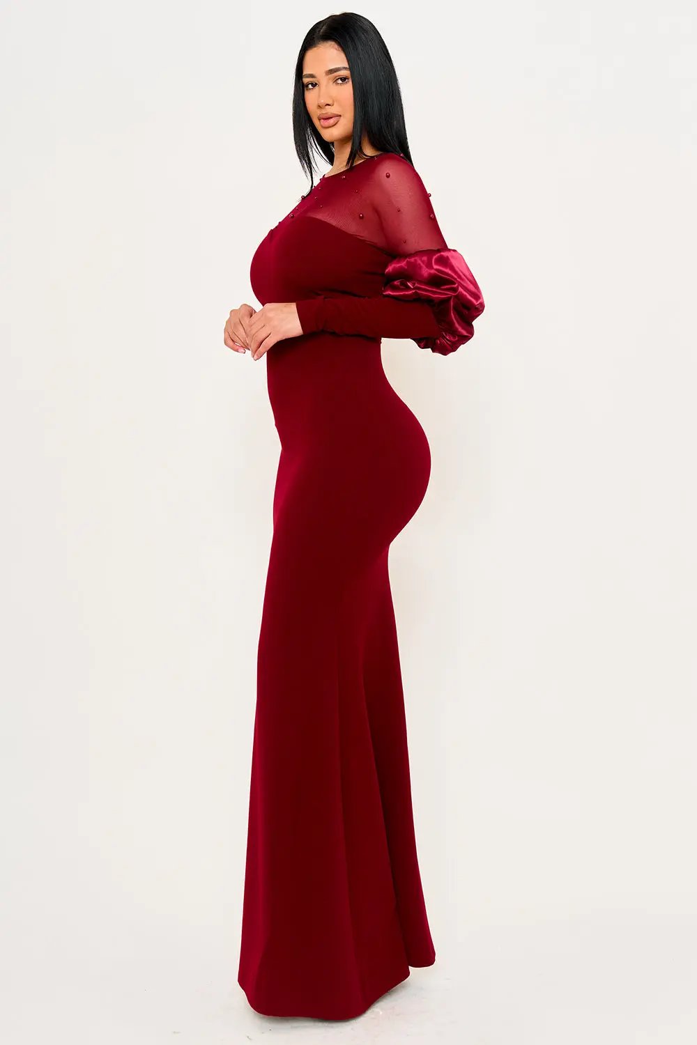 Puff Sleeve Maxi Dress - Pearl Embellished Mesh Evening Gown BOUTINIE