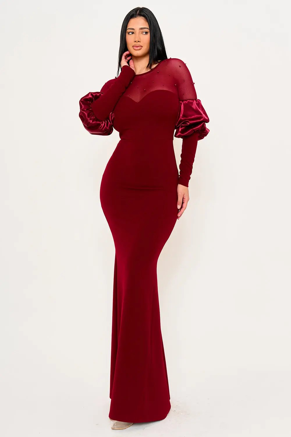 Puff Sleeve Maxi Dress - Pearl Embellished Mesh Evening Gown BOUTINIE