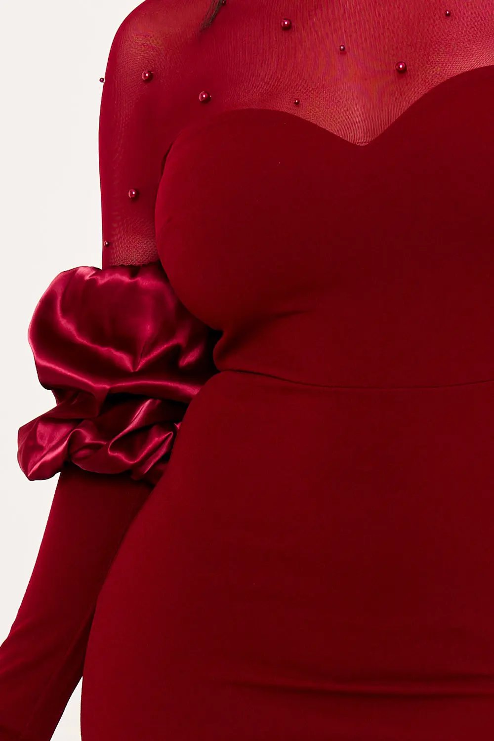 Puff Sleeve Maxi Dress - Pearl Embellished Mesh Evening Gown BOUTINIE