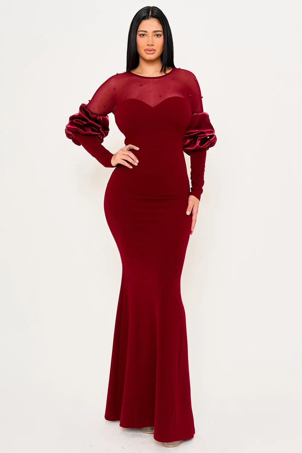 Puff Sleeve Maxi Dress - Pearl Embellished Mesh Evening Gown BOUTINIE