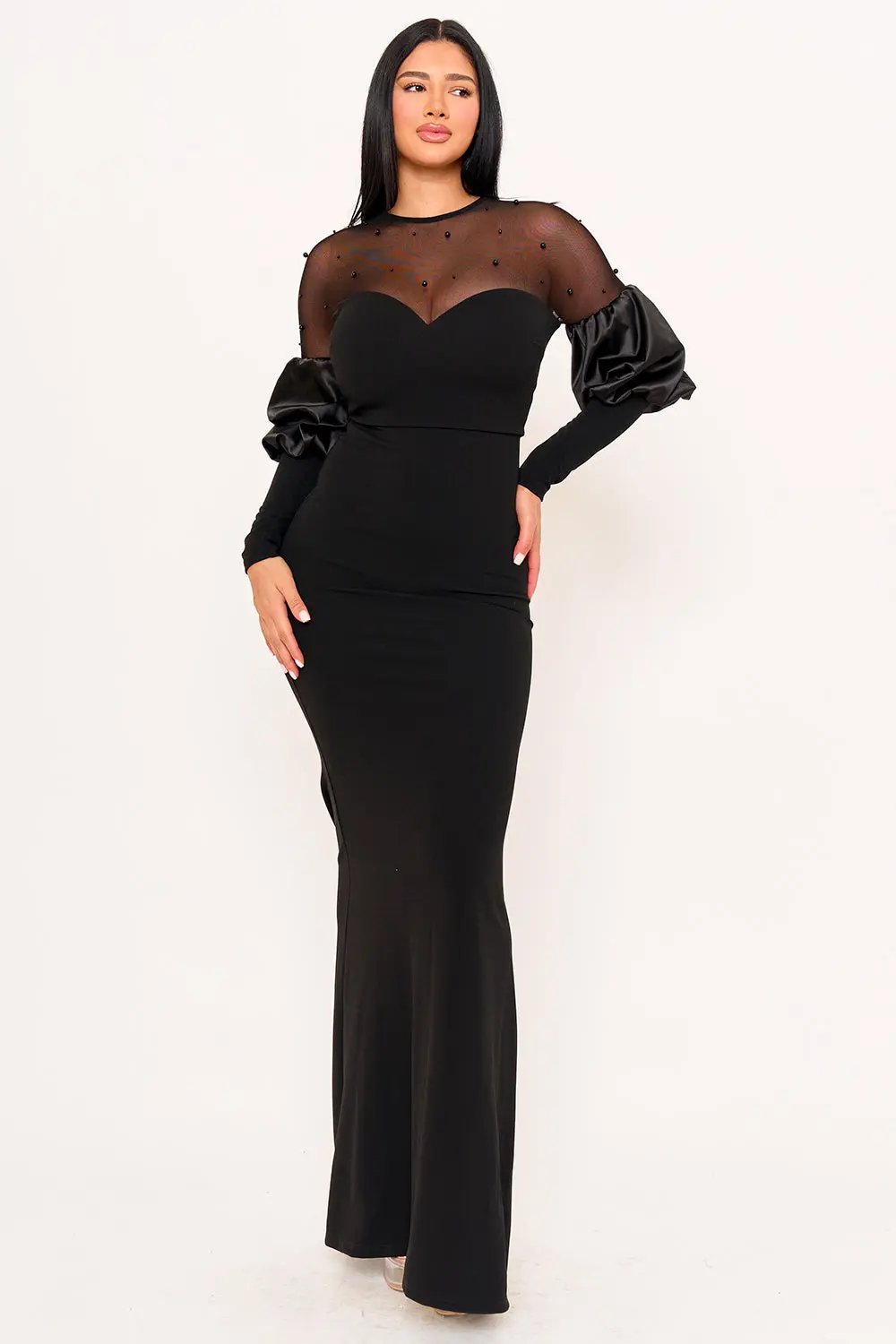 Puff Sleeve Maxi Dress - Pearl Embellished Mesh Evening Gown BOUTINIE
