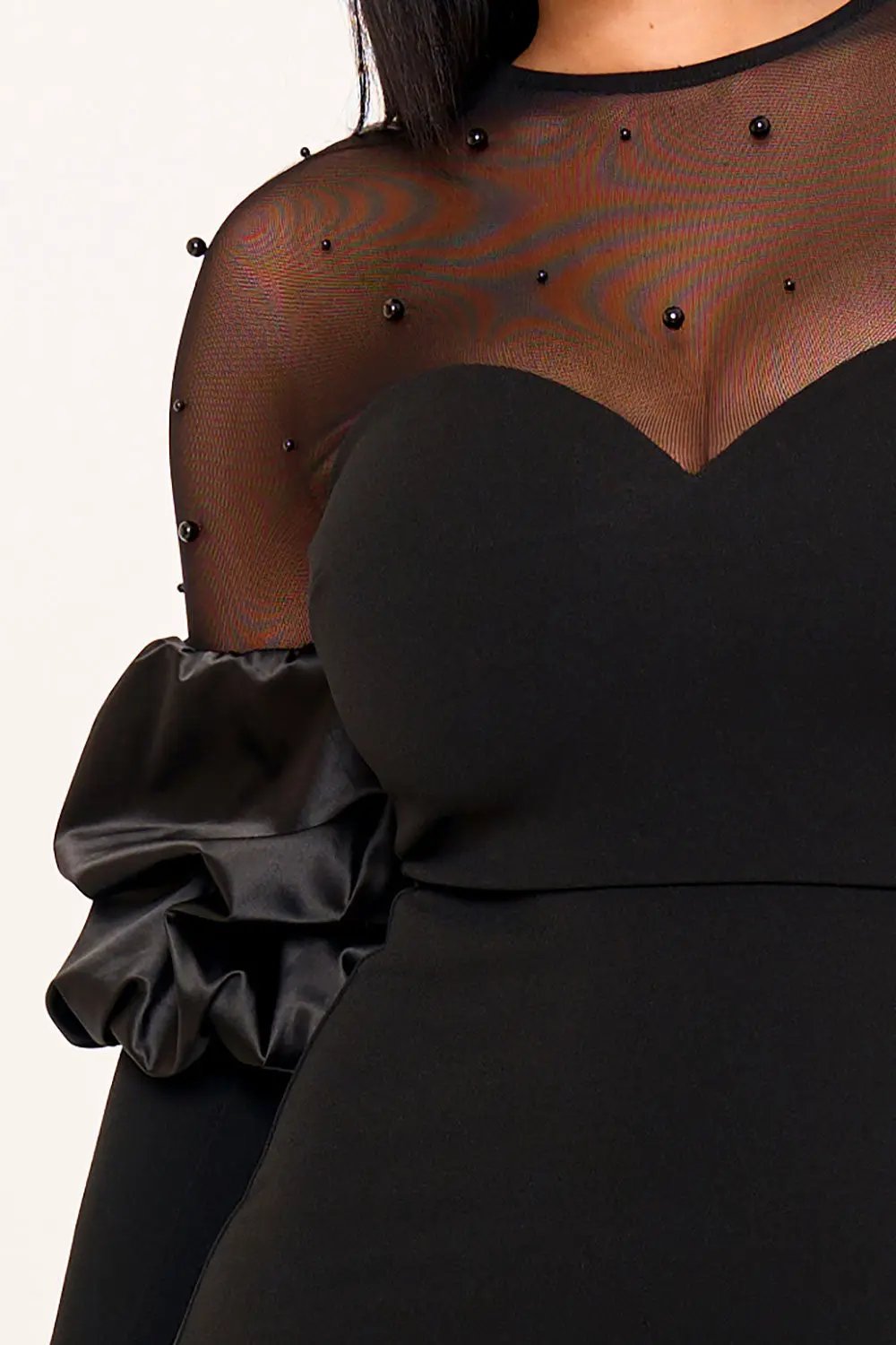 Puff Sleeve Maxi Dress - Pearl Embellished Mesh Evening Gown BOUTINIE