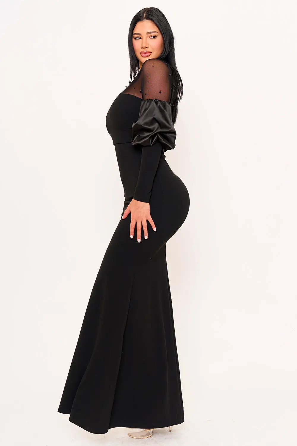 Puff Sleeve Maxi Dress - Pearl Embellished Mesh Evening Gown BOUTINIE
