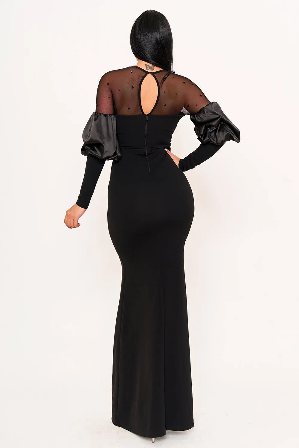Puff Sleeve Maxi Dress - Pearl Embellished Mesh Evening Gown BOUTINIE