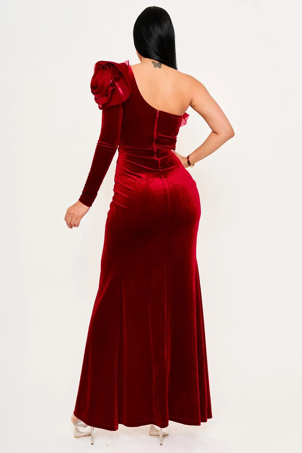 Velvet One Shoulder Dress – Mesh Ruffle Maxi Gown With Pleated Side Hips BOUTINIE