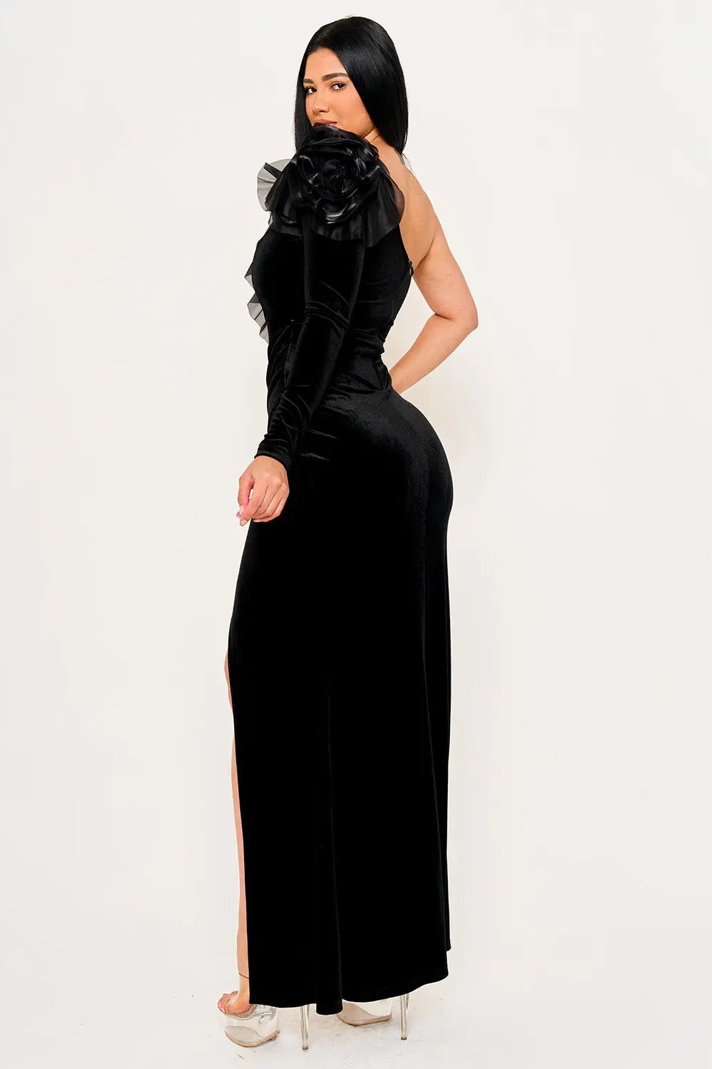 Velvet One Shoulder Dress – Mesh Ruffle Maxi Gown With Pleated Side Hips BOUTINIE