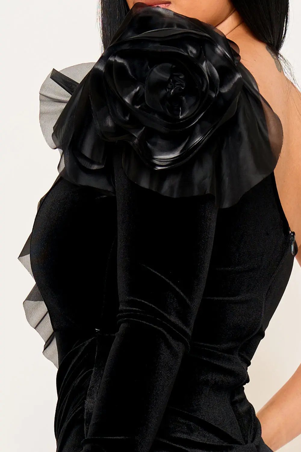 Velvet One Shoulder Dress – Mesh Ruffle Maxi Gown With Pleated Side Hips BOUTINIE