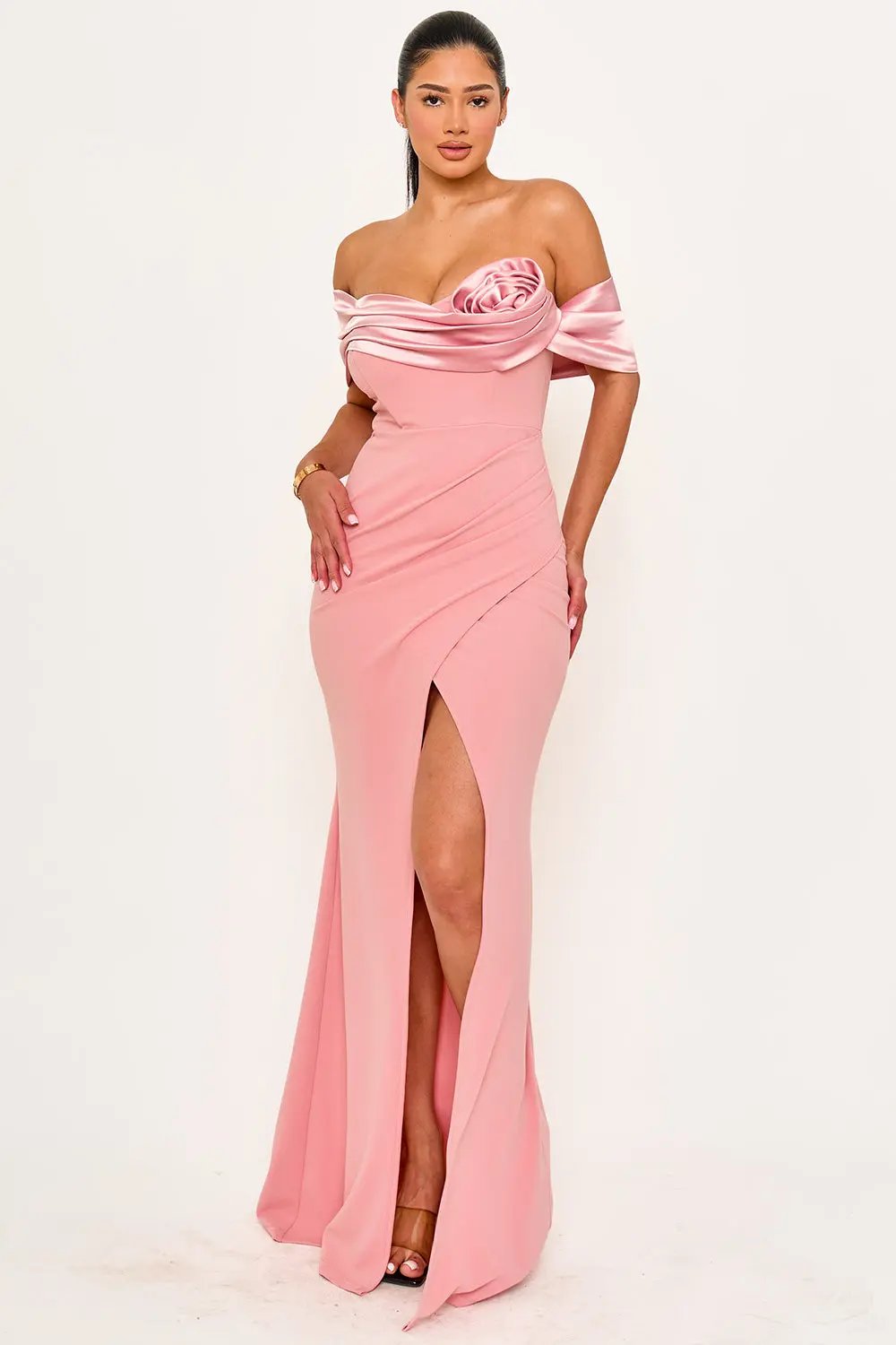 Off Shoulder Maxi Dress - Rolled Flower Wrap Skirt With Pleated Shoulder Style BOUTINIE