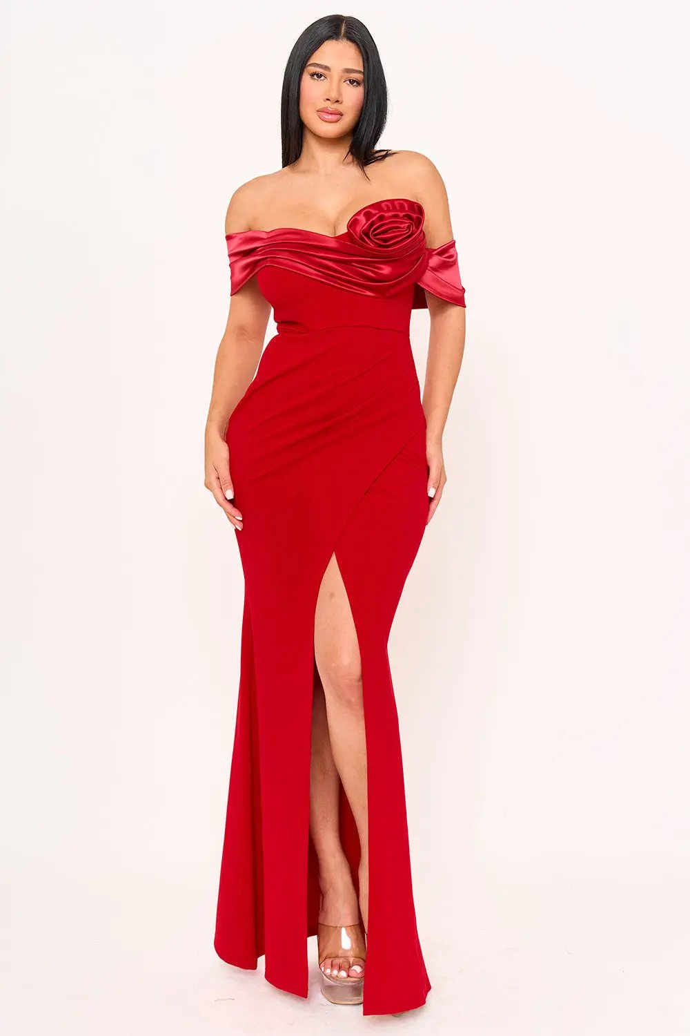 Off Shoulder Maxi Dress - Rolled Flower Wrap Skirt With Pleated Shoulder Style BOUTINIE