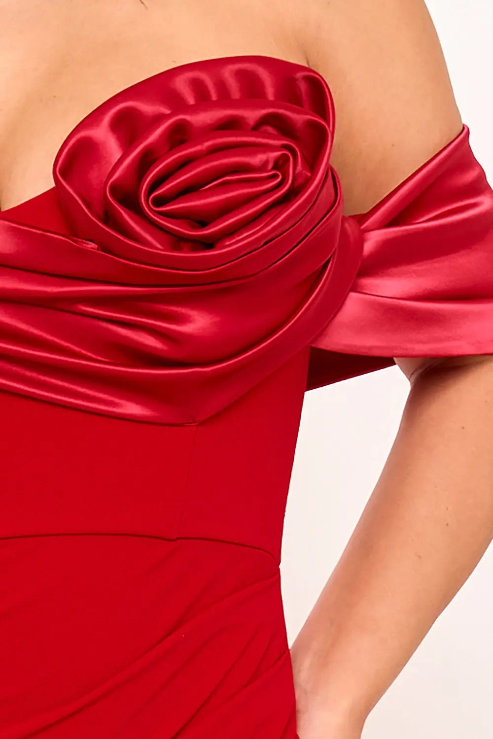 Off Shoulder Maxi Dress - Rolled Flower Wrap Skirt With Pleated Shoulder Style BOUTINIE