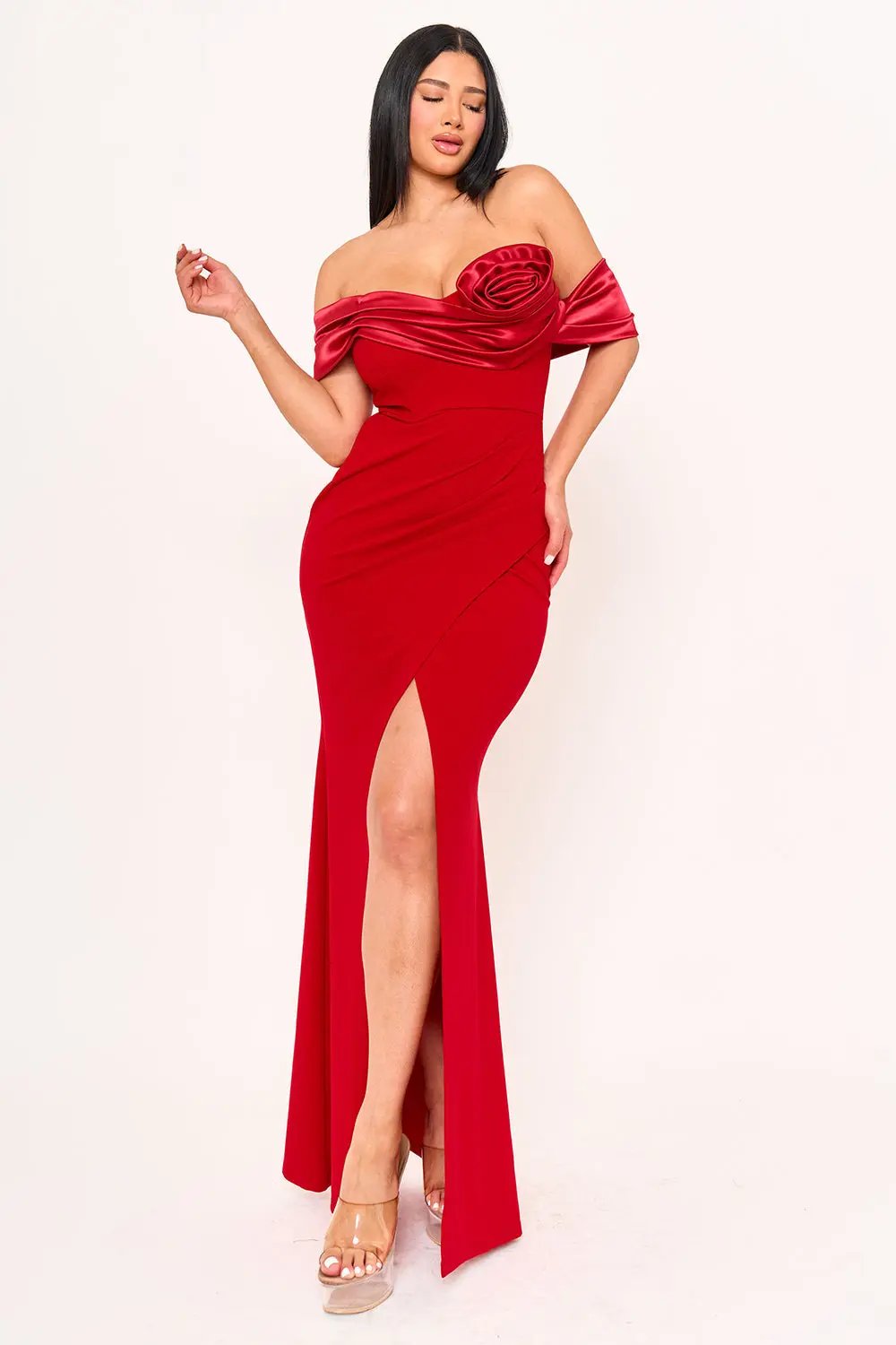 Off Shoulder Maxi Dress - Rolled Flower Wrap Skirt With Pleated Shoulder Style BOUTINIE