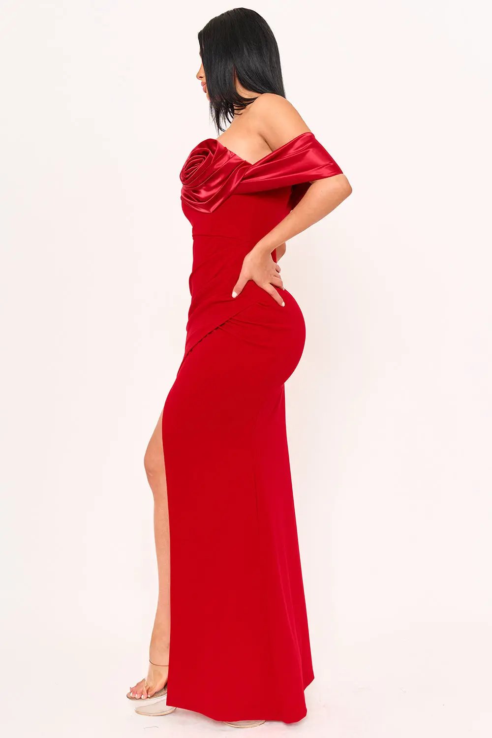 Off Shoulder Maxi Dress - Rolled Flower Wrap Skirt With Pleated Shoulder Style BOUTINIE