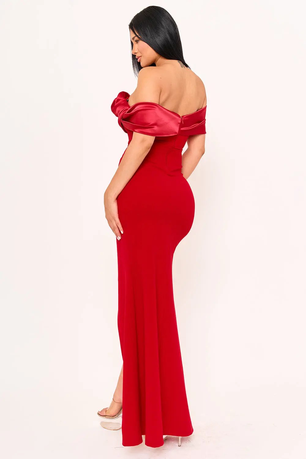 Off Shoulder Maxi Dress - Rolled Flower Wrap Skirt With Pleated Shoulder Style BOUTINIE