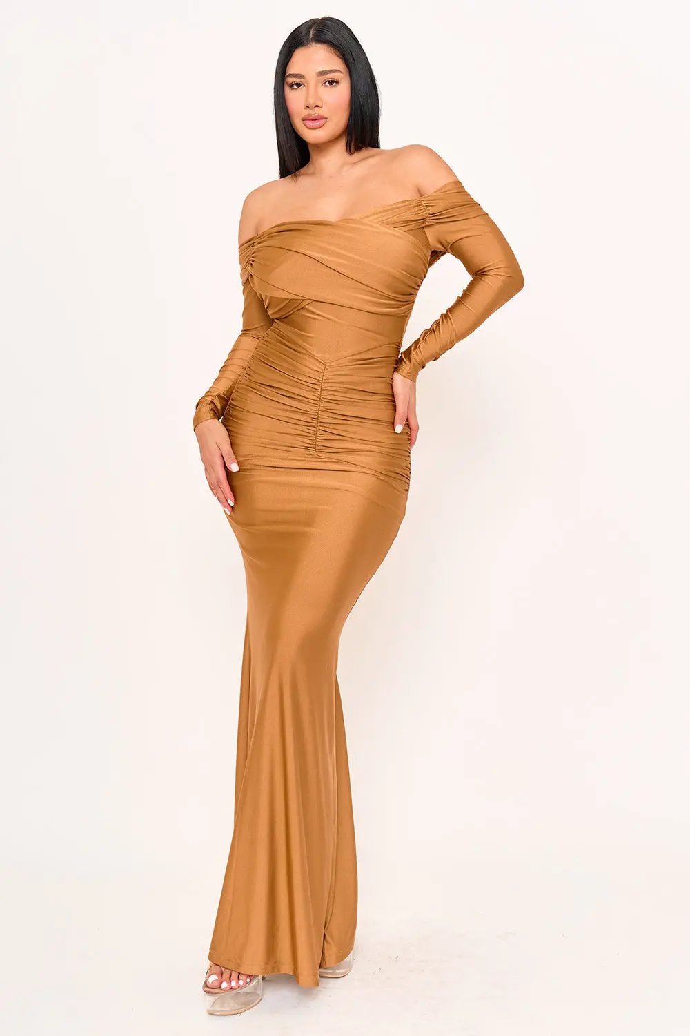 Pleated Satin Maxi Dress - Mermaid Evening Gown With Zipper Back Closure BOUTINIE