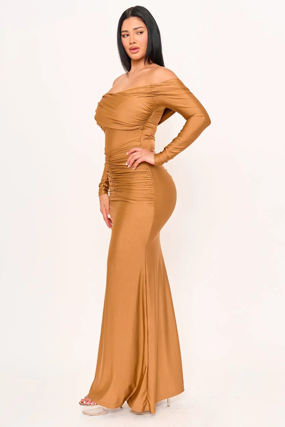 Pleated Satin Maxi Dress - Mermaid Evening Gown With Zipper Back Closure BOUTINIE