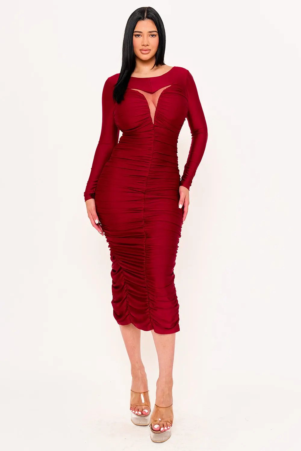 Satin Maxi Dress - V Neck Cutout, Long Sleeve Formal Gown BOUTINIE