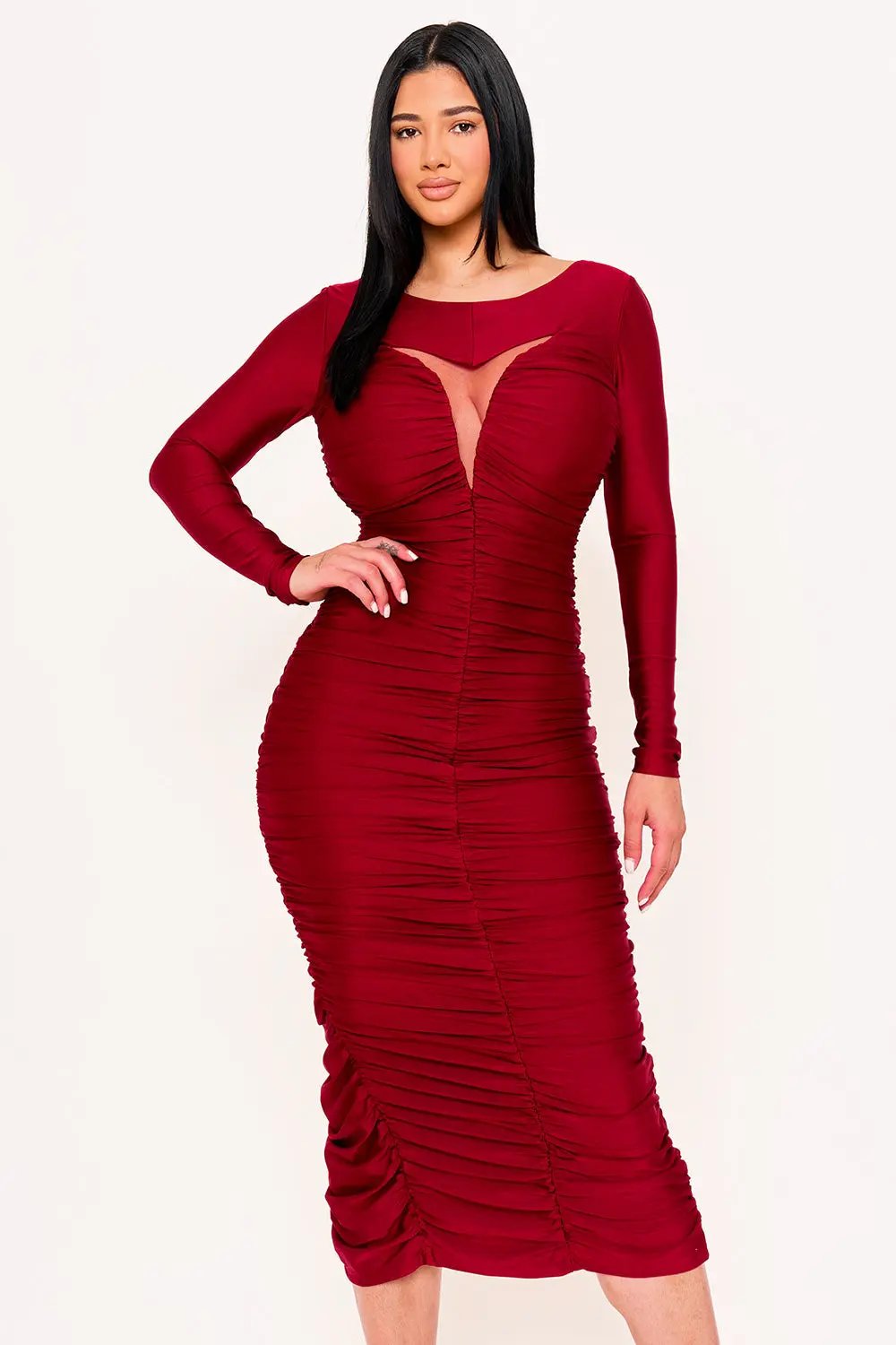 Satin Maxi Dress - V Neck Cutout, Long Sleeve Formal Gown BOUTINIE
