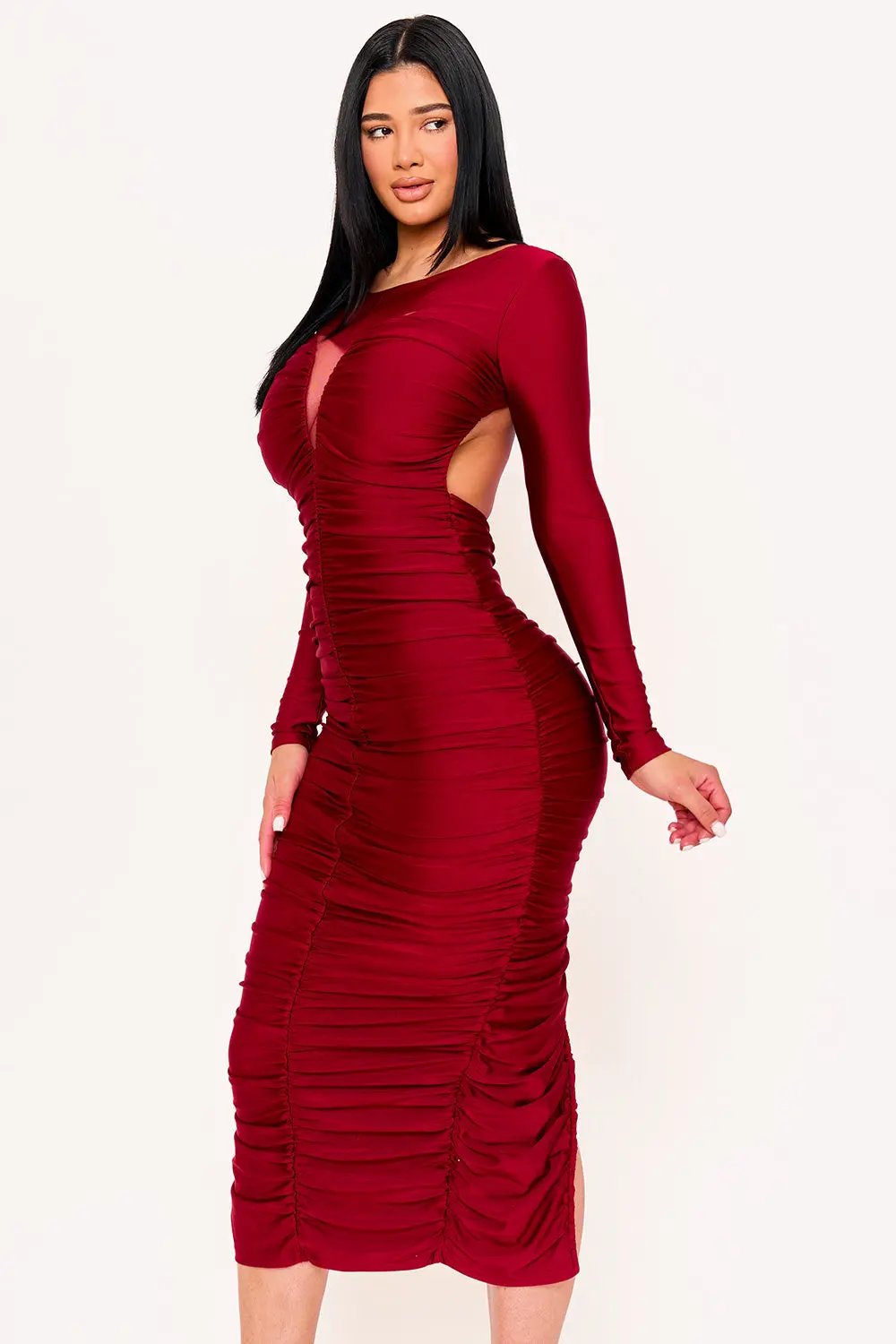 Satin Maxi Dress - V Neck Cutout, Long Sleeve Formal Gown BOUTINIE