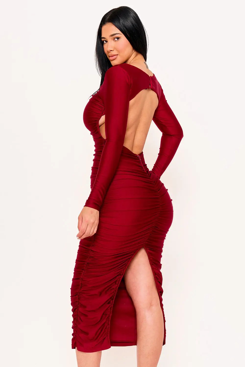 Satin Maxi Dress - V Neck Cutout, Long Sleeve Formal Gown BOUTINIE