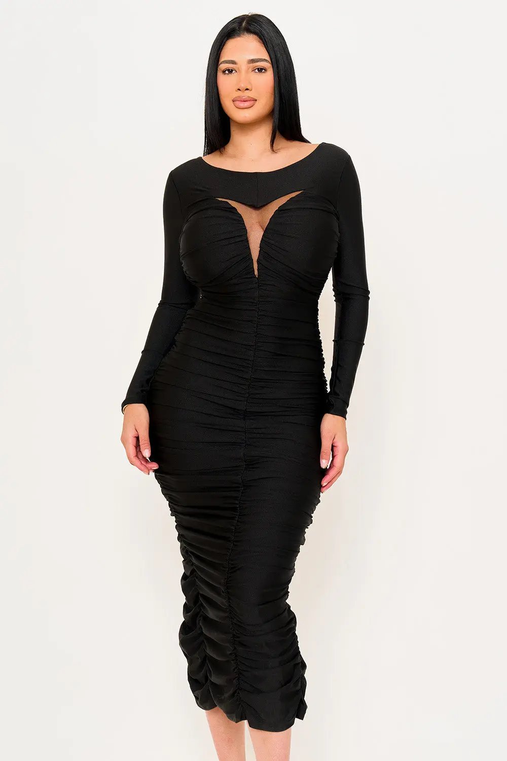Satin Maxi Dress - V Neck Cutout, Long Sleeve Formal Gown BOUTINIE