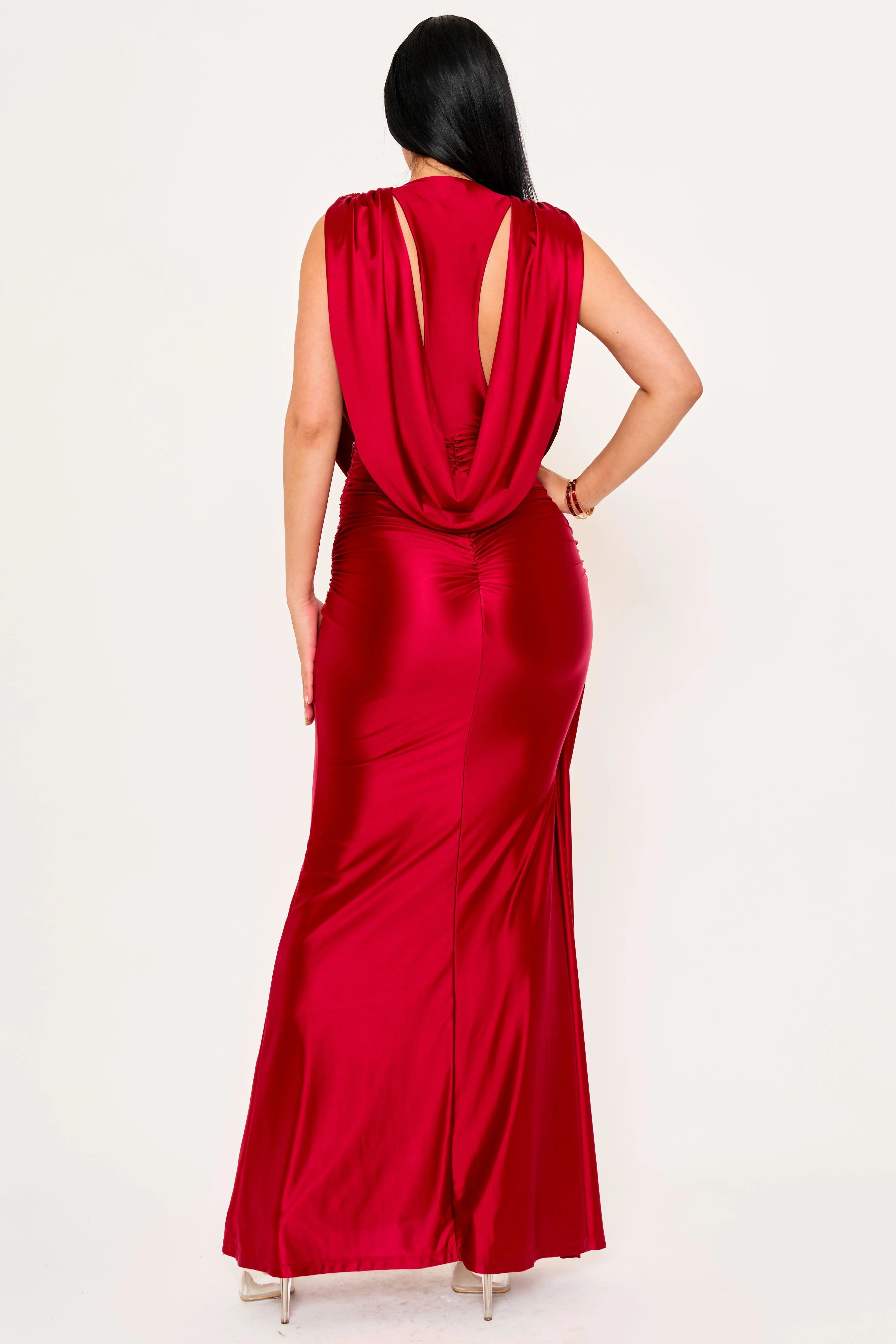Satin Draped Maxi Dress – Twist Front Evening Gown With Hook And Eye Closure BOUTINIE