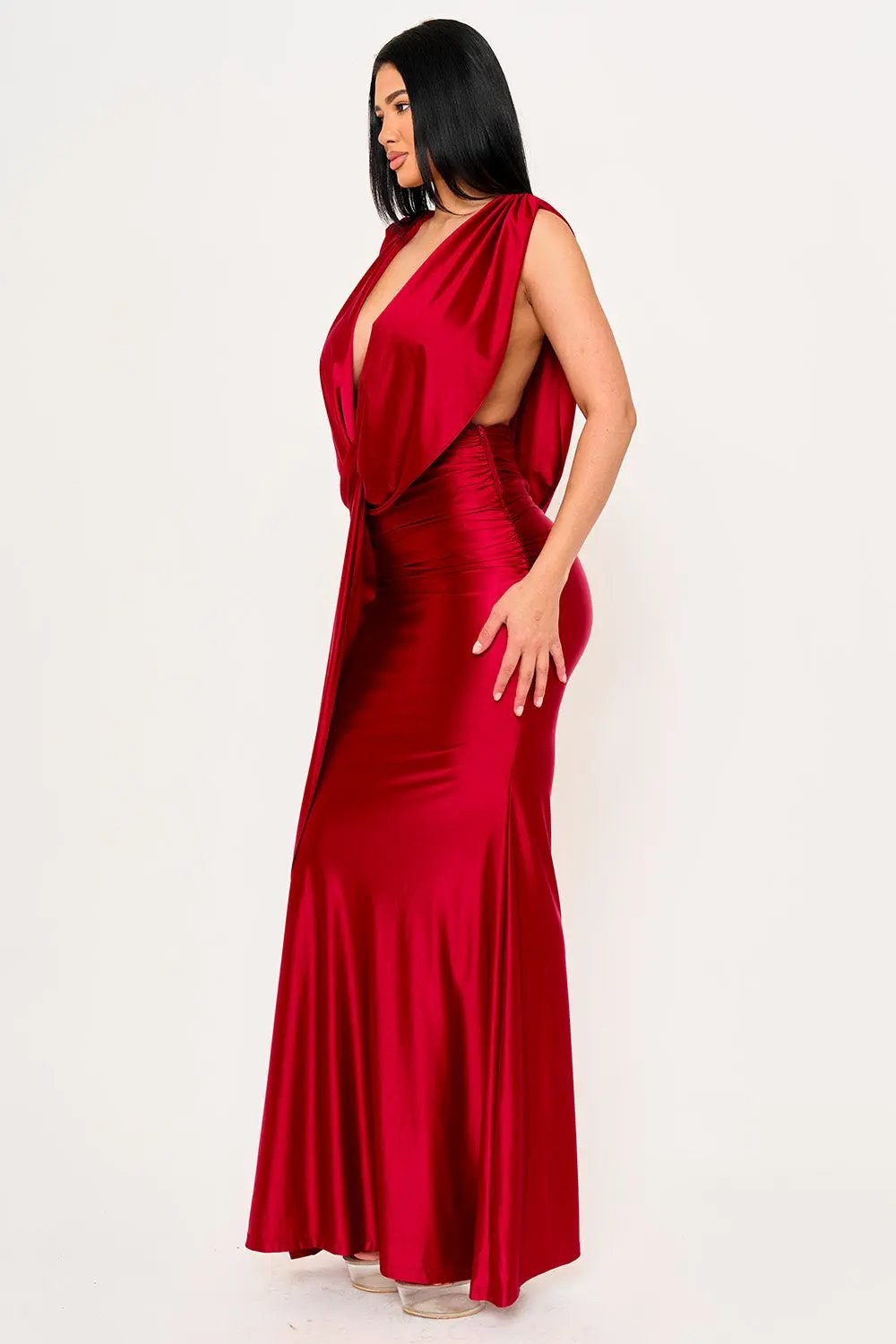 Satin Draped Maxi Dress – Twist Front Evening Gown With Hook And Eye Closure BOUTINIE