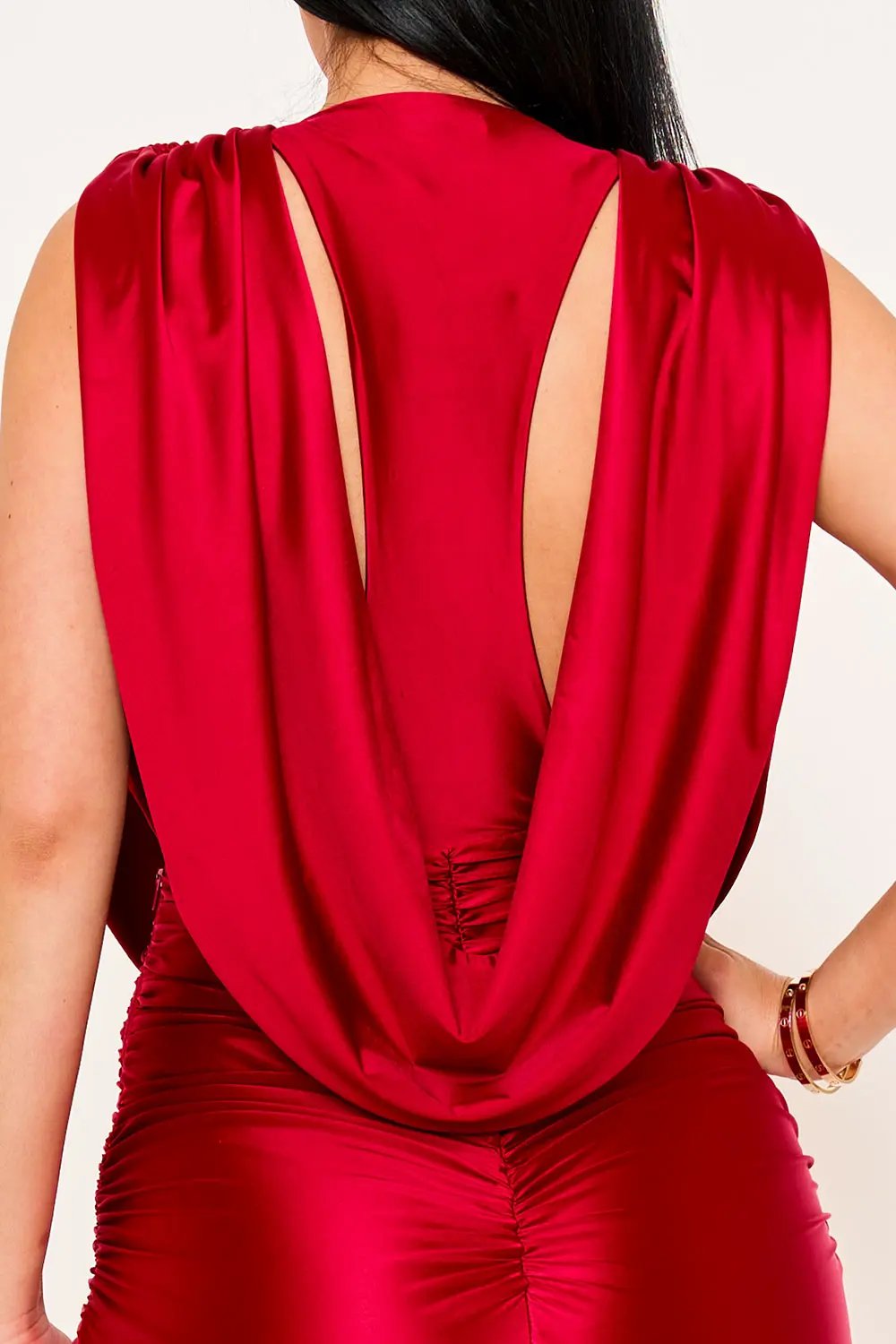 Satin Draped Maxi Dress – Twist Front Evening Gown With Hook And Eye Closure BOUTINIE