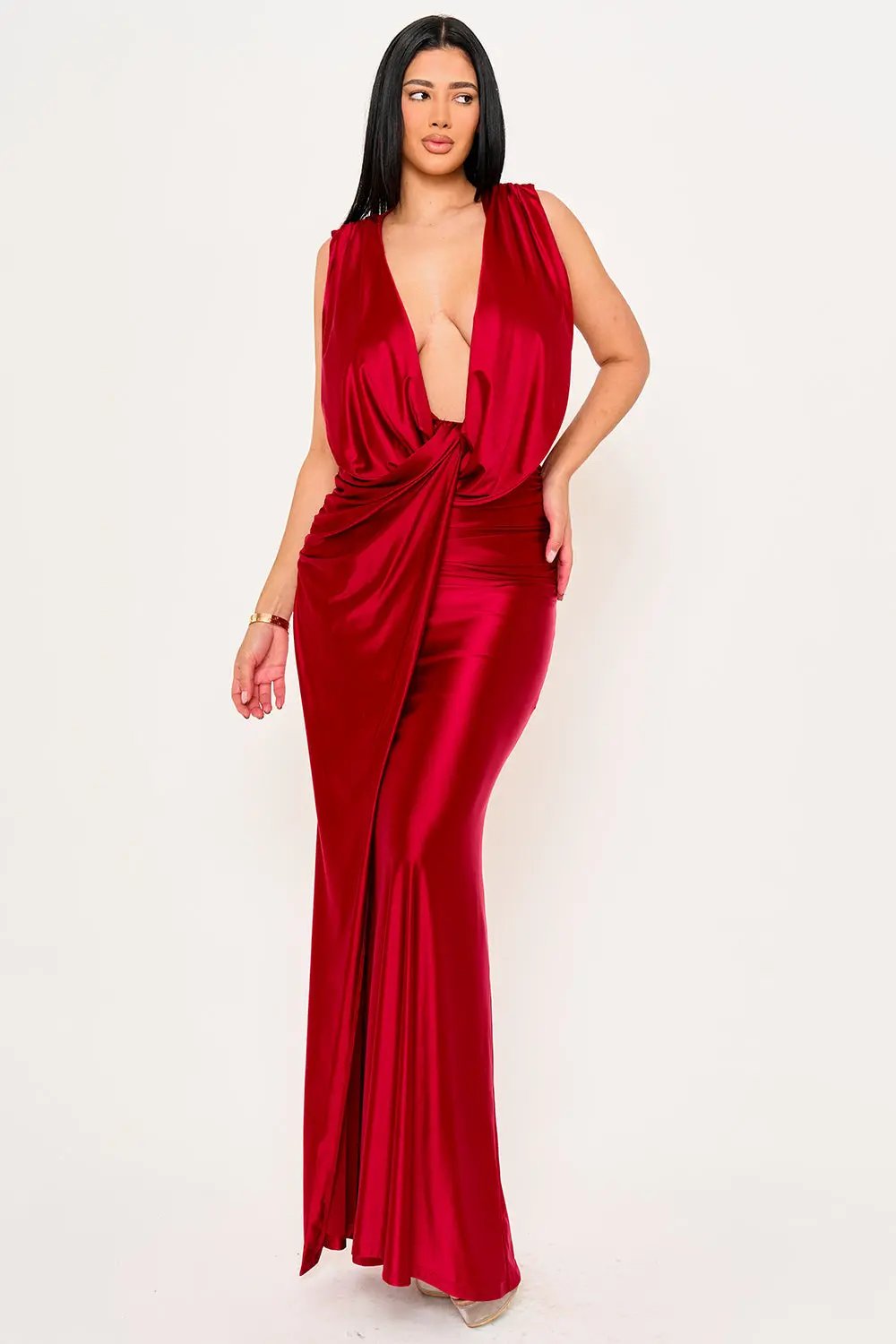 Satin Draped Maxi Dress – Twist Front Evening Gown With Hook And Eye Closure BOUTINIE