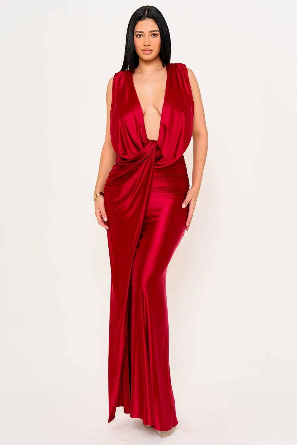 Satin Draped Maxi Dress – Twist Front Evening Gown With Hook And Eye Closure BOUTINIE
