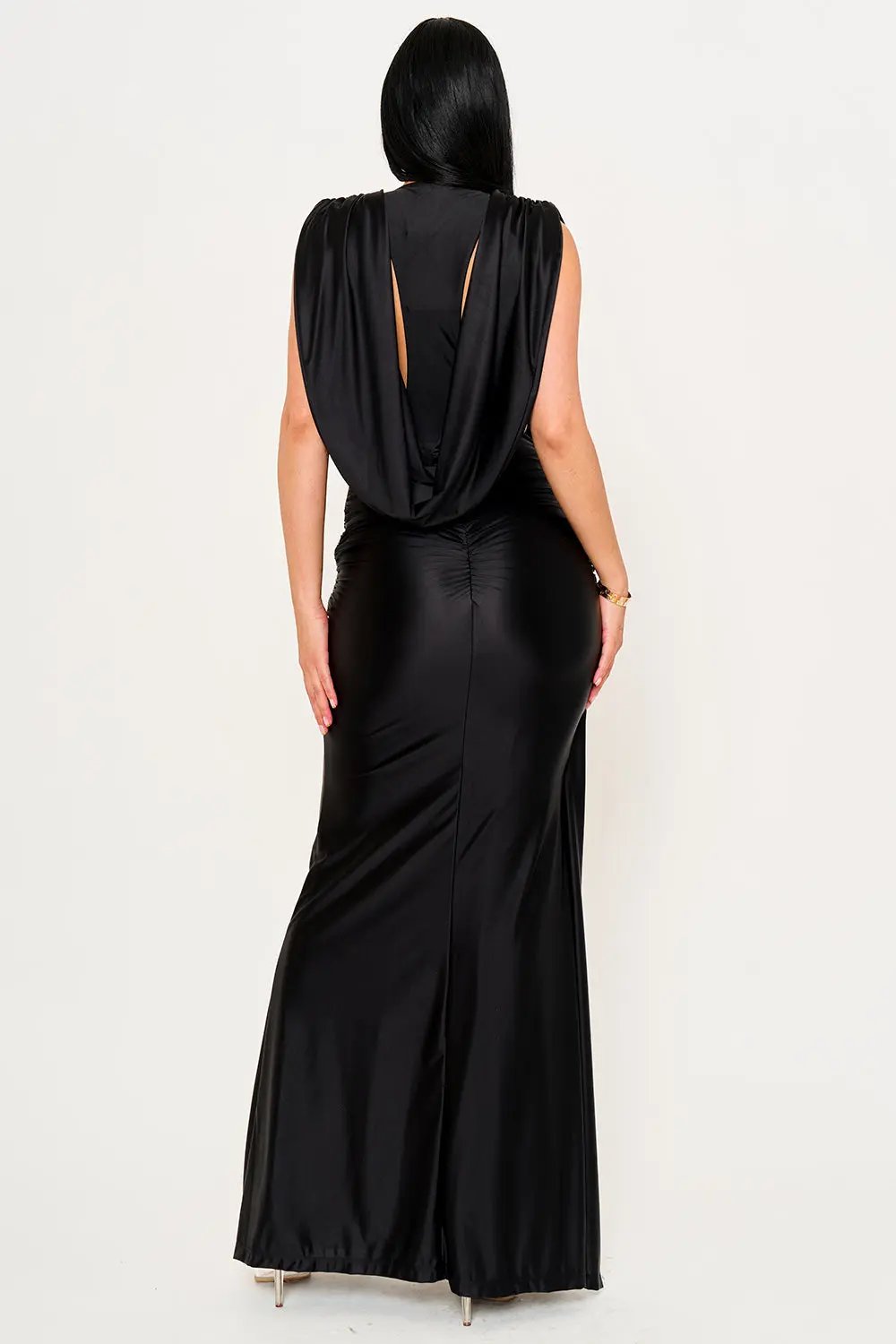 Satin Draped Maxi Dress – Twist Front Evening Gown With Hook And Eye Closure BOUTINIE