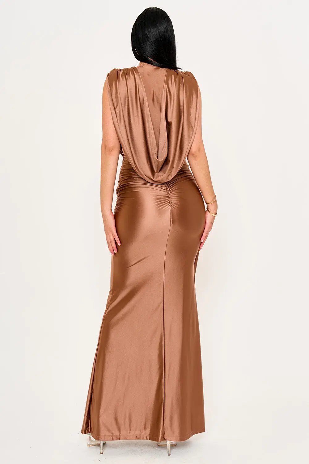 Satin Draped Maxi Dress – Twist Front Evening Gown With Hook And Eye Closure BOUTINIE