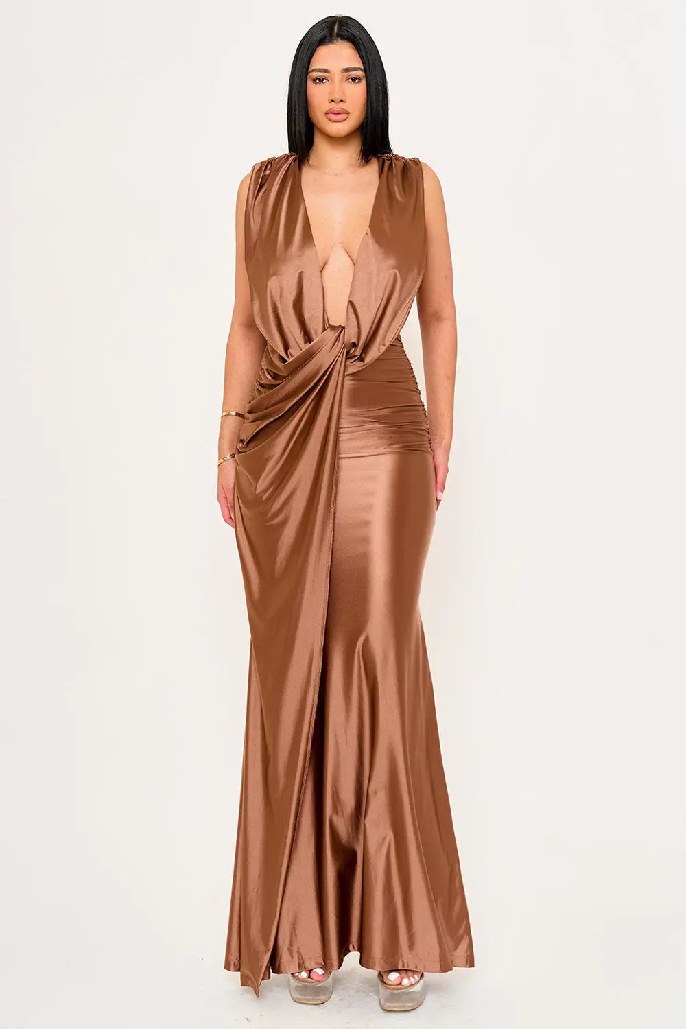 Satin Draped Maxi Dress – Twist Front Evening Gown With Hook And Eye Closure BOUTINIE