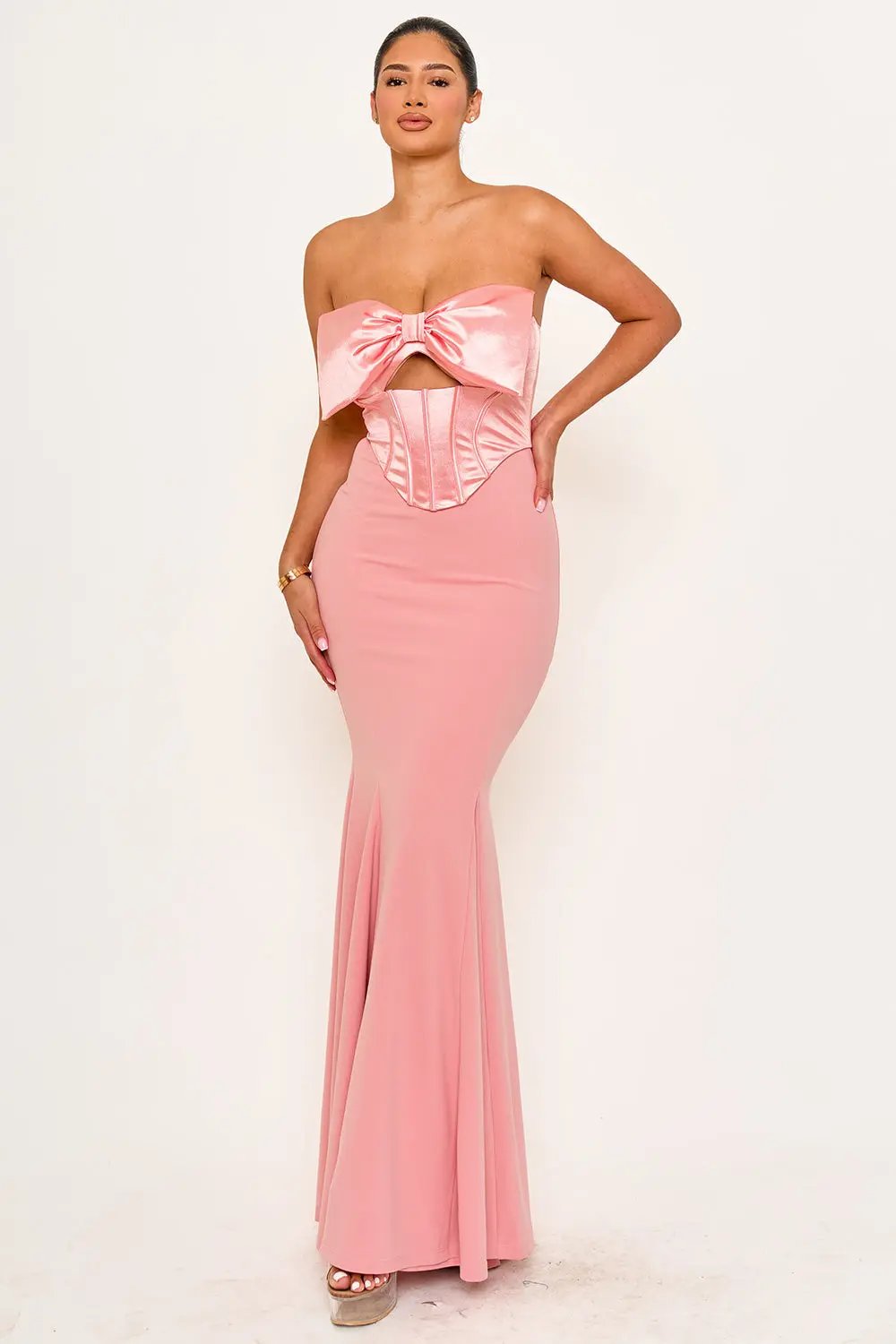 Satin Bow Maxi Dress – Mermaid Style Gown With Keyhole Front BOUTINIE