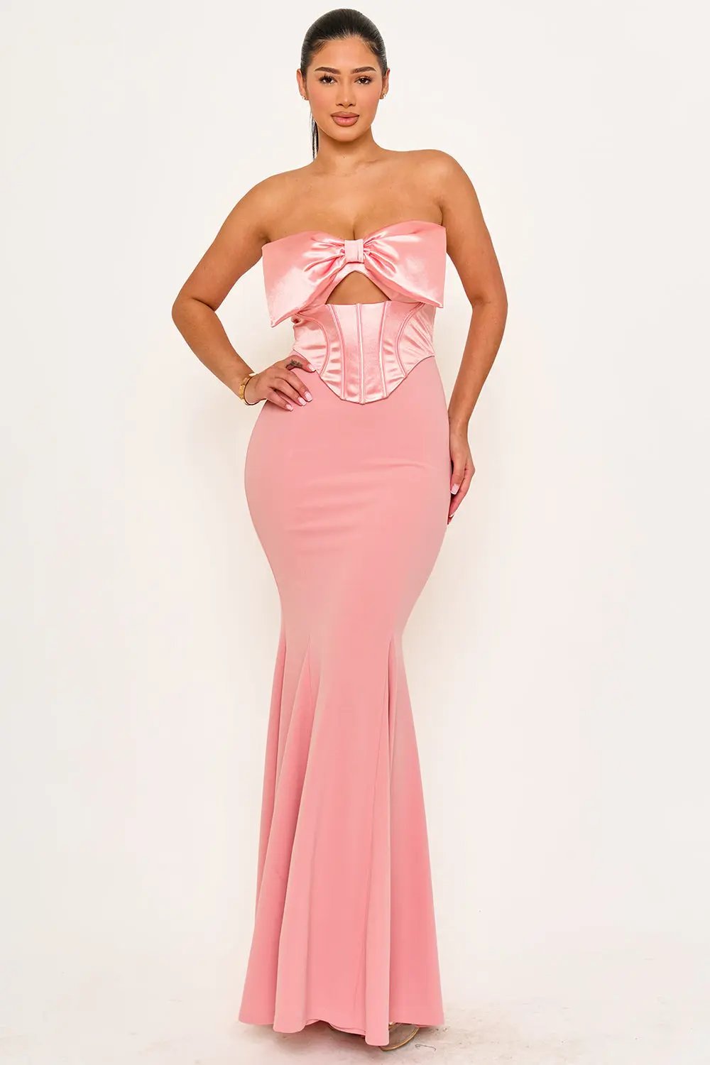 Satin Bow Maxi Dress – Mermaid Style Gown With Keyhole Front BOUTINIE