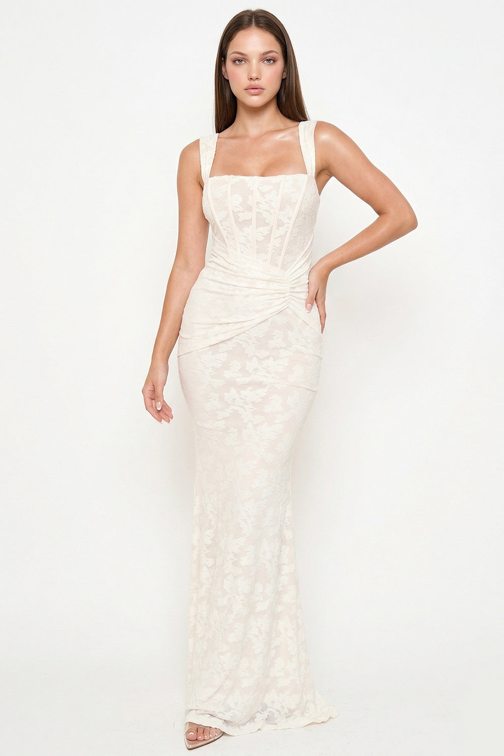 Cream lace corset maxi dress with a square neckline, perfect for formal events or bridal occasions.
