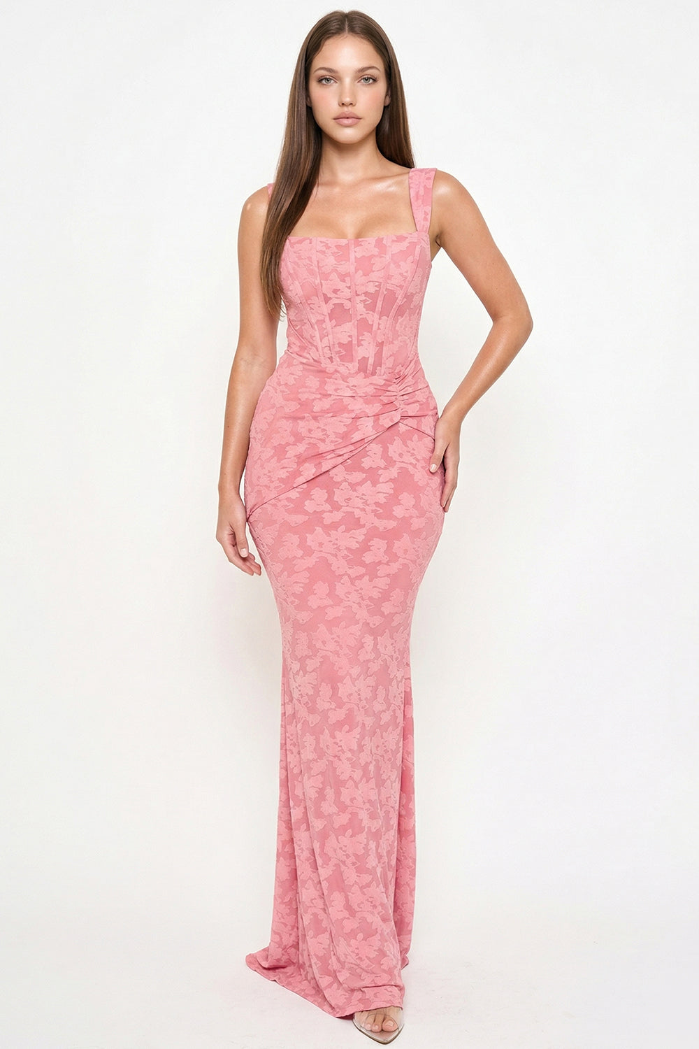 White lace mermaid gown with corset bodice and square neckline, perfect for a formal evening event by Boutinie.