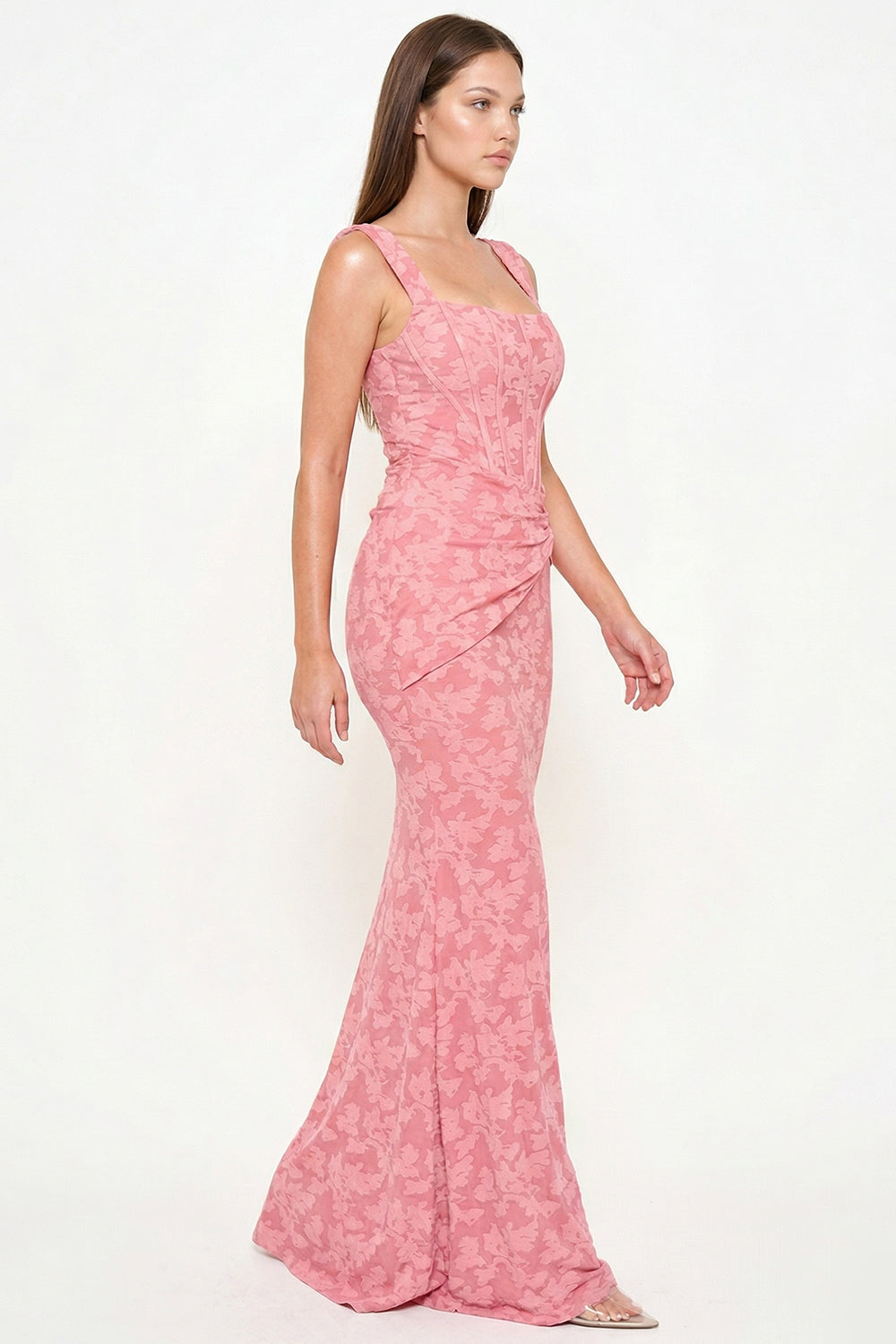 Pink floral corset-style maxi dress with a square neckline and fitted silhouette from Boutinie.