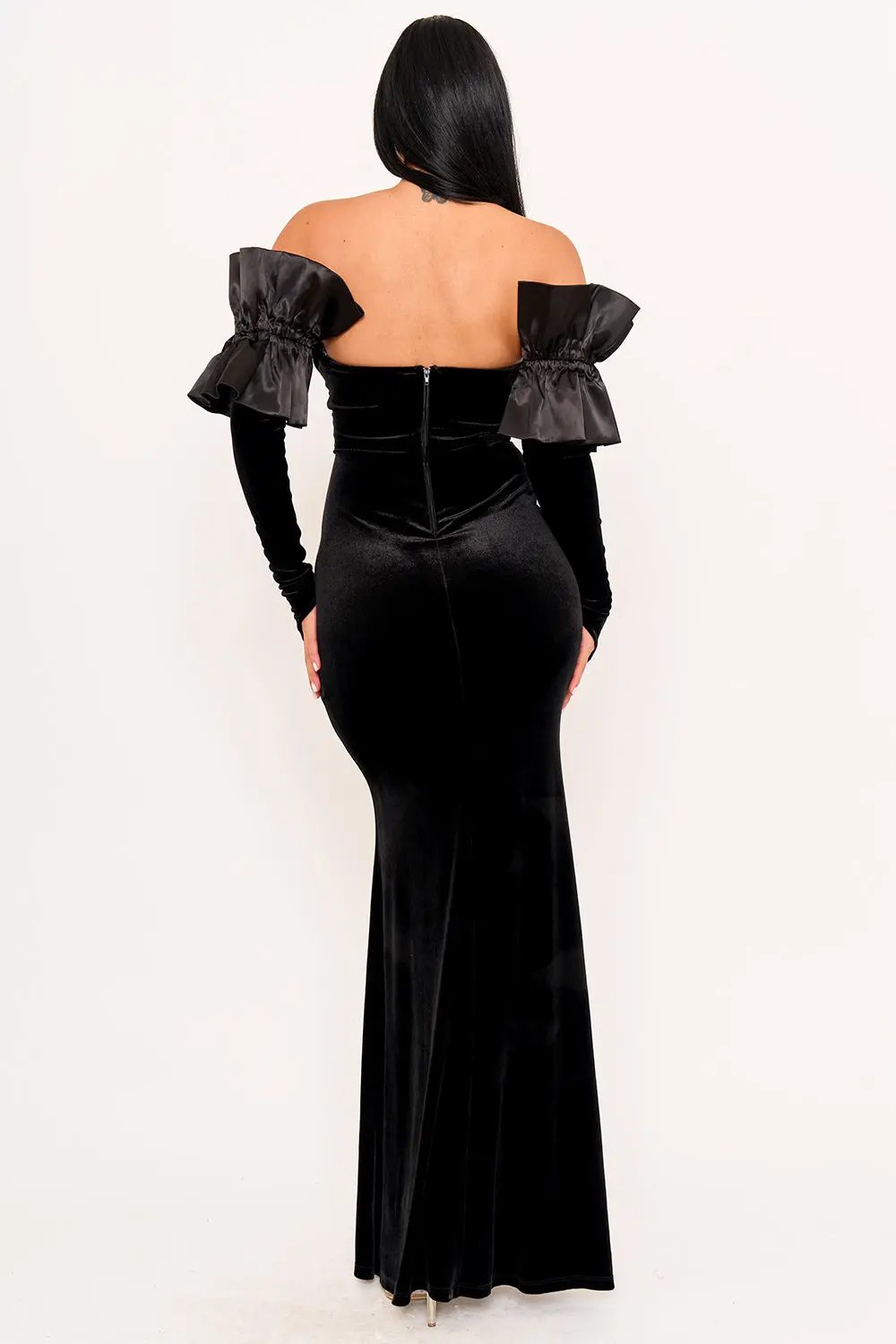 Velvet Maxi Dress | Long Sleeve Satin Contrast Evening Gown BOUTINIE