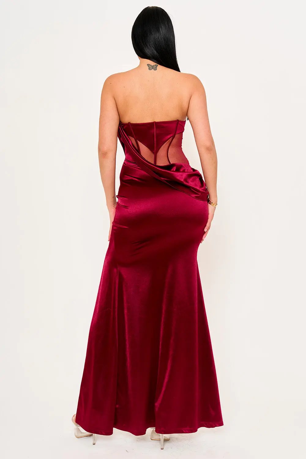 Satin Mesh Maxi Dress With Wired Bust Corset & Draped Front BOUTINIE