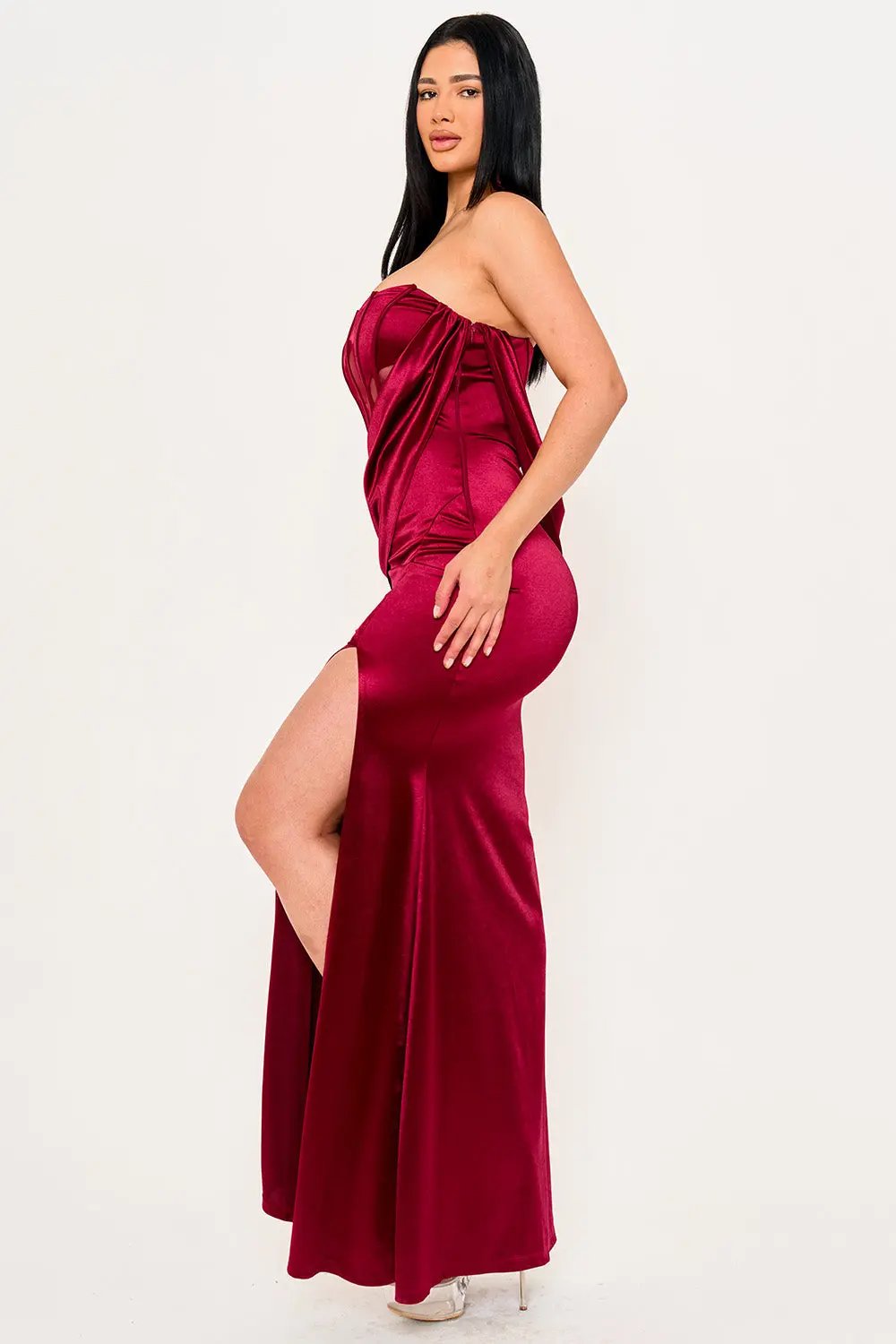 Satin Mesh Maxi Dress With Wired Bust Corset & Draped Front BOUTINIE