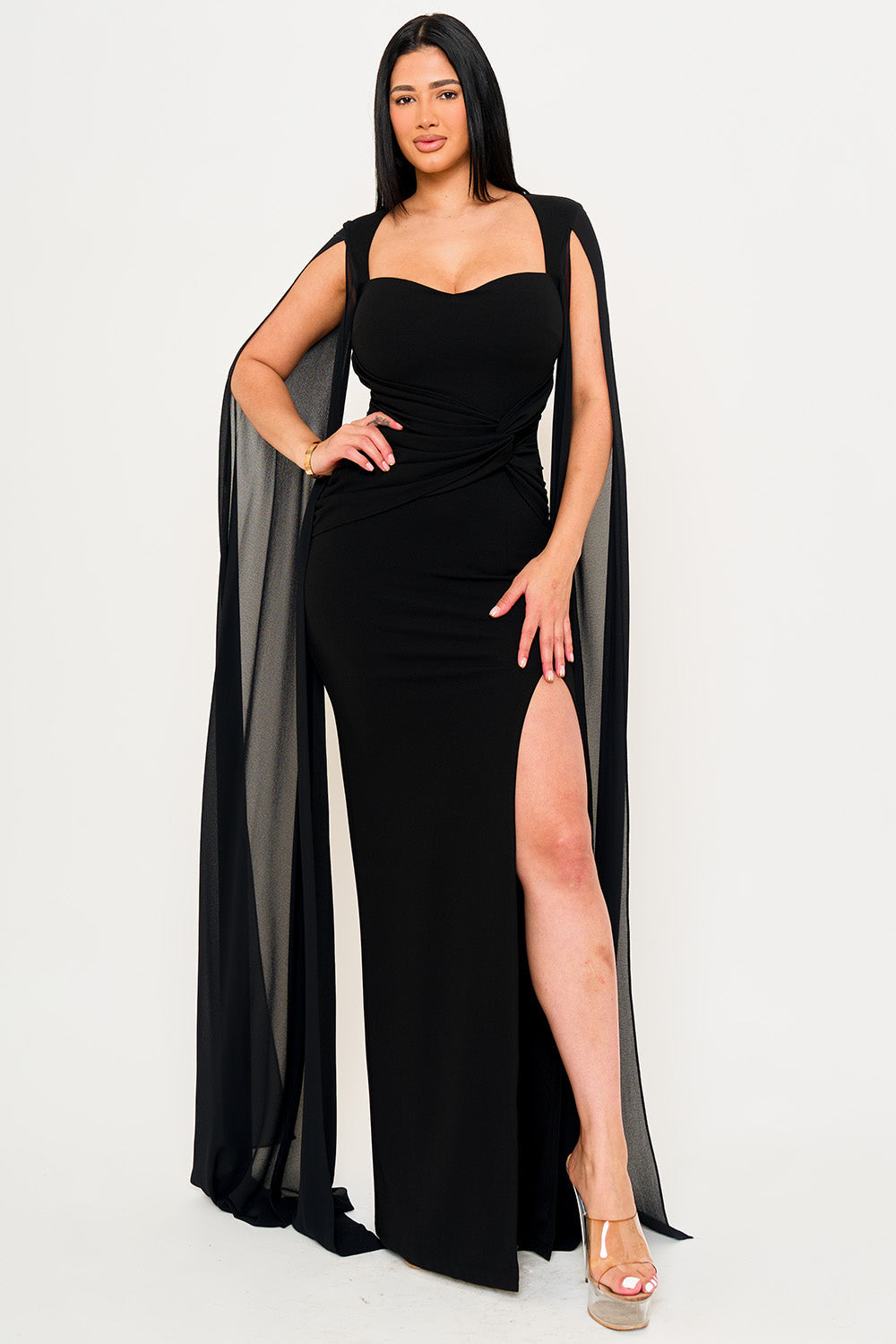 SDM2101HP - MESH LONG CAPE SLEEVE WITH SLIT MAXI DRESS Symphony USA Wholesale