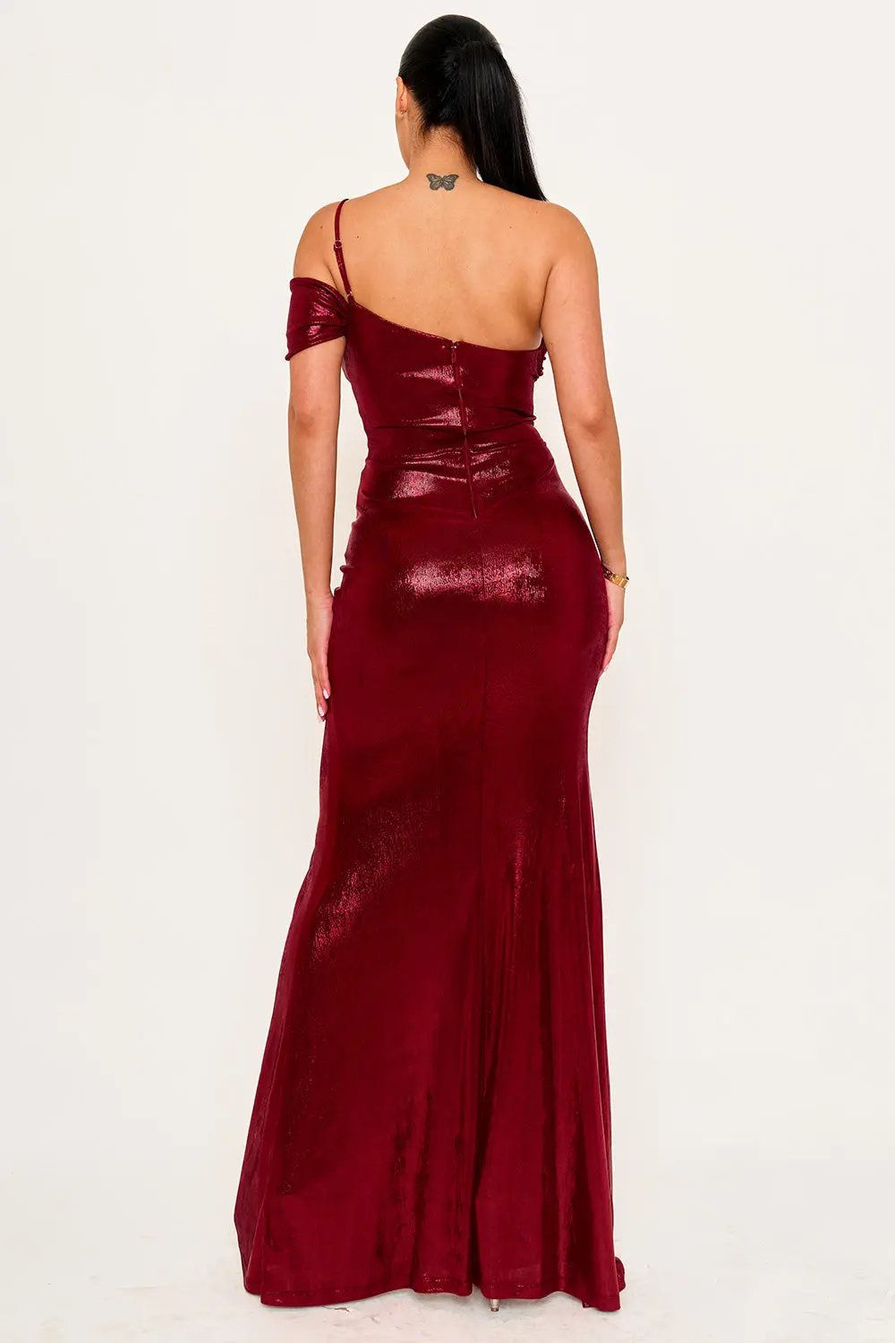 Faux Pearl Maxi Dress - One Shoulder Spaghetti Strap Gown With Mesh Cut Out BOUTINIE