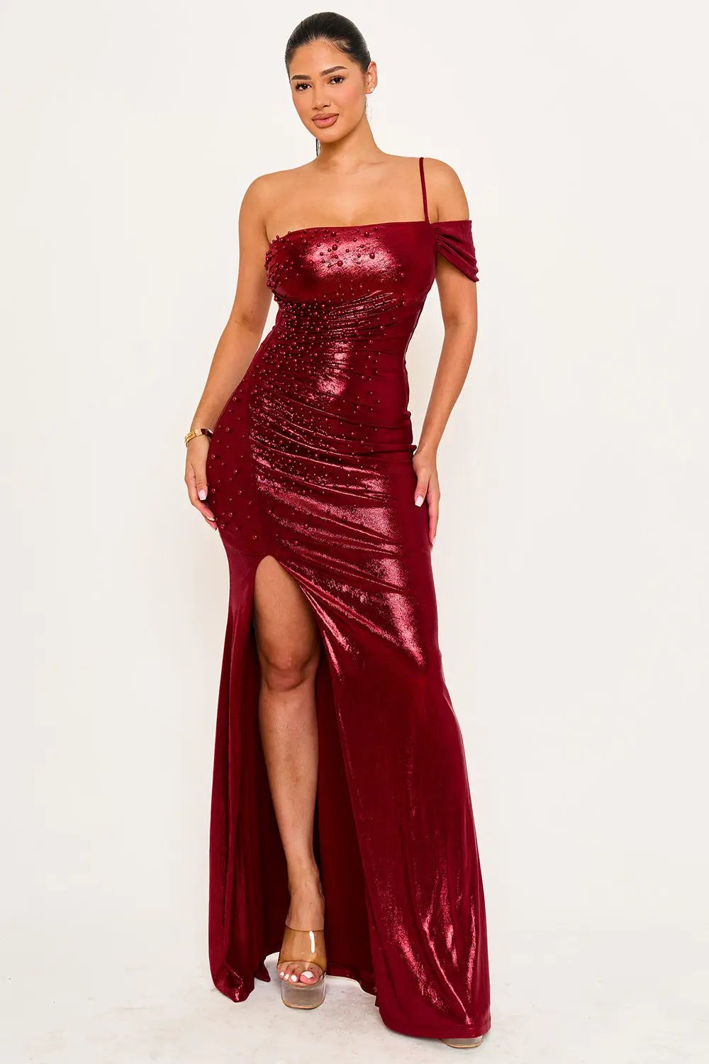 Faux Pearl Maxi Dress - One Shoulder Spaghetti Strap Gown With Mesh Cut Out BOUTINIE