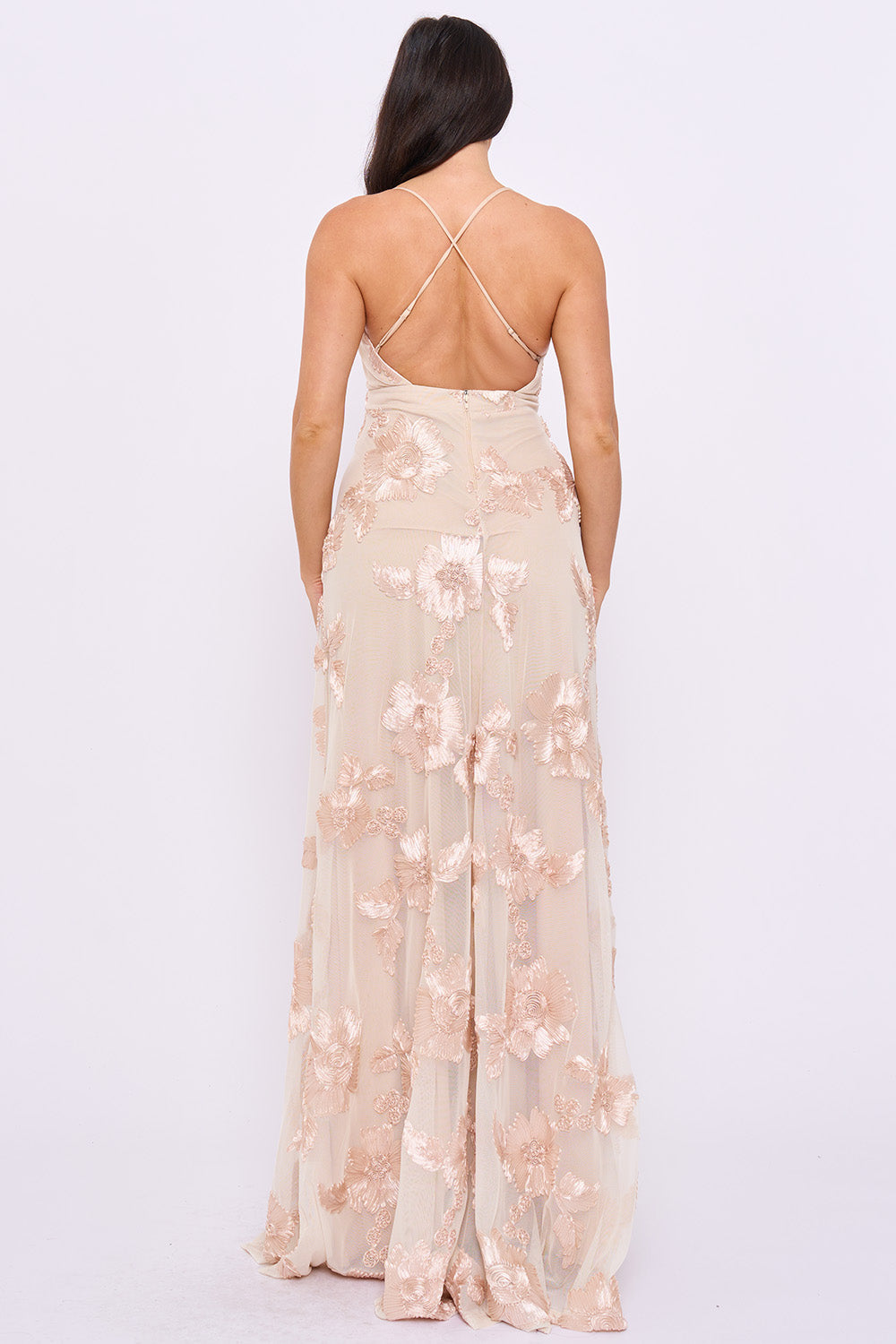 Beige floor-length gown with floral embroidery, strappy open back, sleeveless design for formal evening occasions.