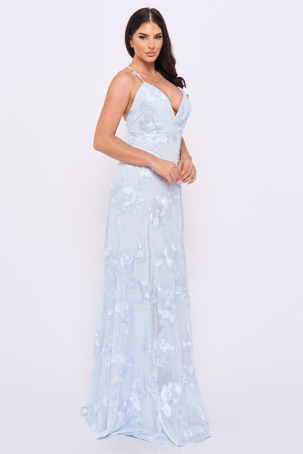 Boutinie baby blue floral appliqué maxi dress with a V-neck, spaghetti straps, and flowy silhouette for formal events.
